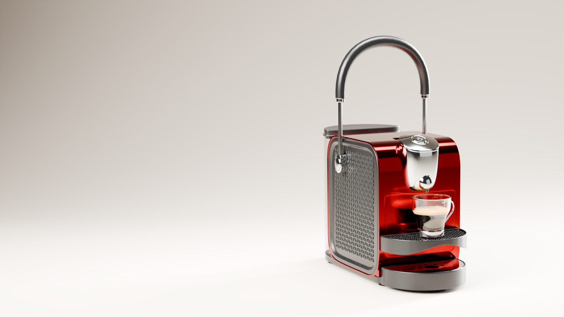 3D product render of a red espresso machine with a cup of coffee