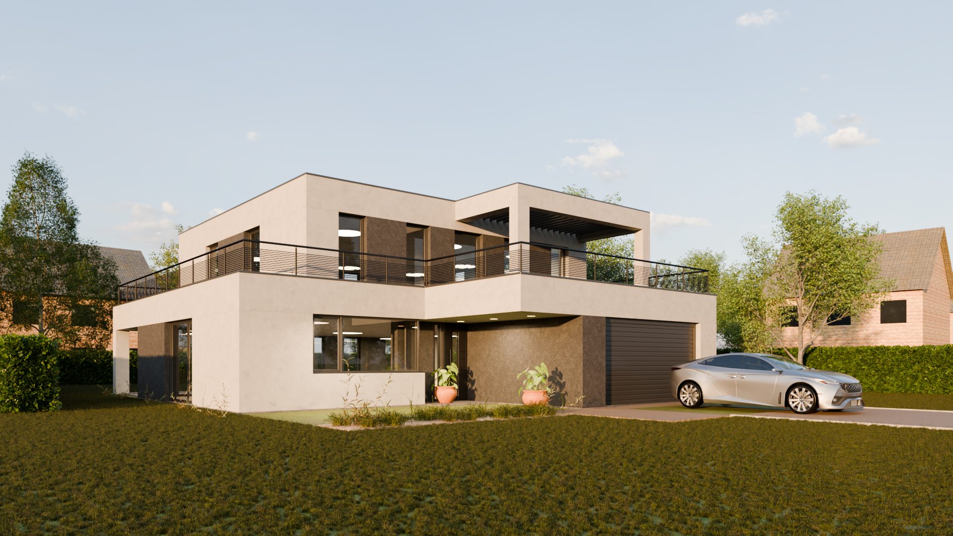 3D render of a modern house with roof terrace and garage in the evening sun
