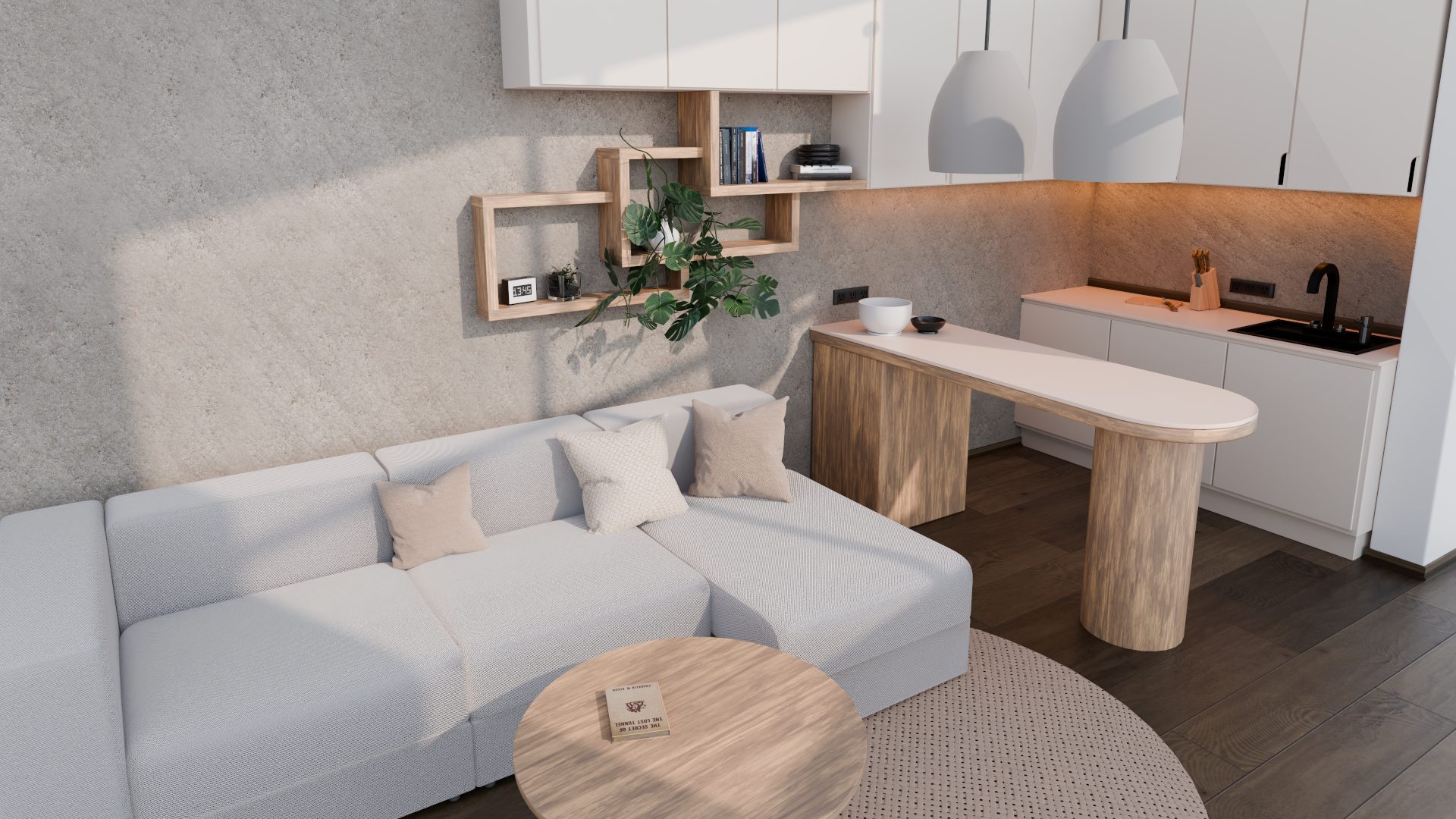 3D render of a bright living room with open kitchen, wooden breakfast bar and wall shelves